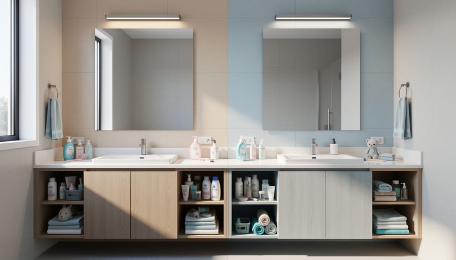 Modern double sink bathroom vanity with individual storage areas