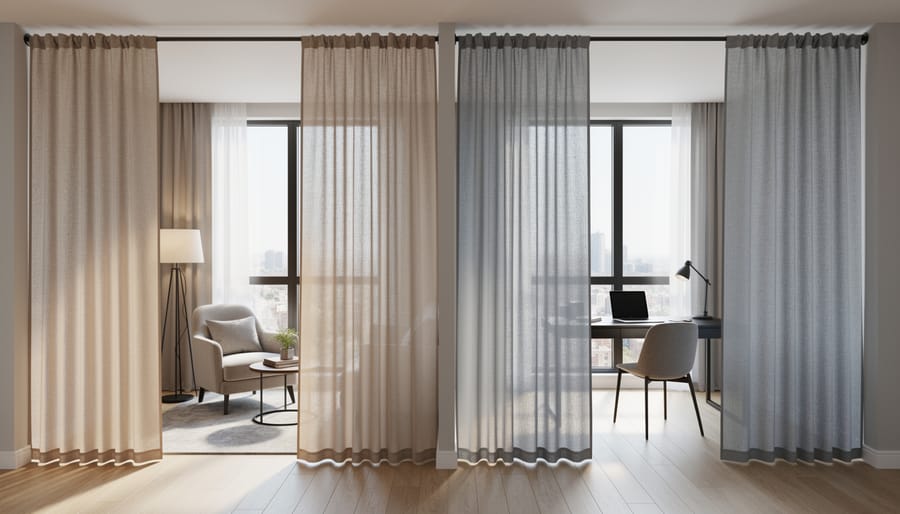 Translucent fabric room divider panels separating spaces in a bright modern interior