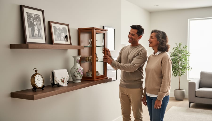 Curated display of family photographs and heirloom objects on vintage wooden furniture