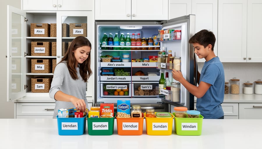 Well-organized kitchen cabinets with separated storage zones and matching containers