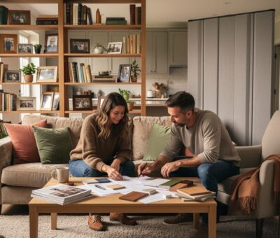Open-plan living room in an inherited home divided by a bookshelf partition and acoustic screen, with two adult siblings choosing finishes at a coffee table under soft afternoon light; kitchen and family photos in the background.