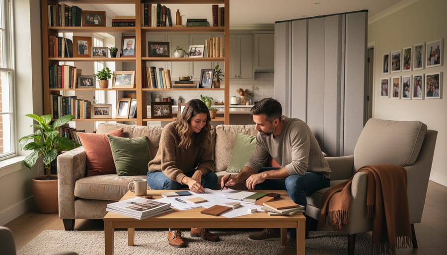 Open-plan living room in an inherited home divided by a bookshelf partition and acoustic screen, with two adult siblings choosing finishes at a coffee table under soft afternoon light; kitchen and family photos in the background.