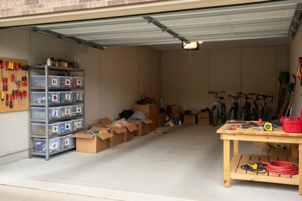 Wide view of a garage workspace with a pegboard wall, shelving units, and clear bins holding neatly sorted tools.
