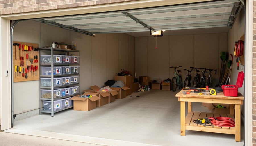 Wide view of a garage workspace with a pegboard wall, shelving units, and clear bins holding neatly sorted tools.