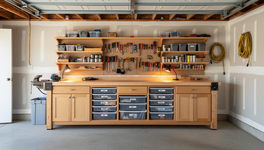 DIY garage workbench with built-in drawers and neatly arranged tools