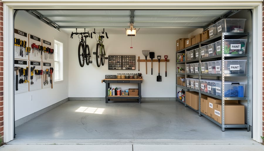 Clean organized garage interior featuring a pegboard wall with hand tools and a workbench with drawers