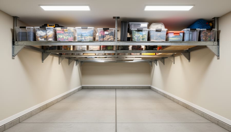 Overhead garage storage rack holding sealed bins mounted to the ceiling