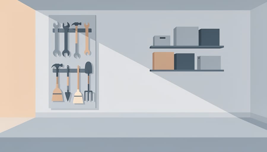 Garage wall with vertical storage using hooks and a magnetic strip for tools