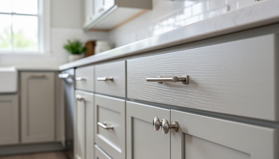 Hands installing modern cabinet hardware on kitchen drawers.