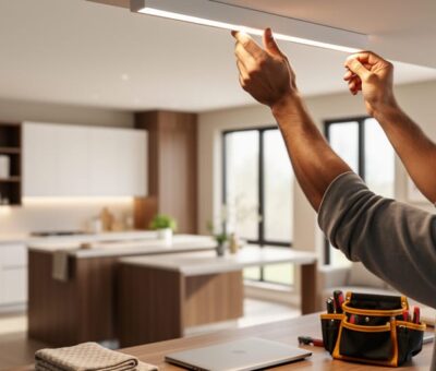 “Hand placing a modern LED light fixture in a clean, well-lit living room with kitchen cabinetry visible in the background.”