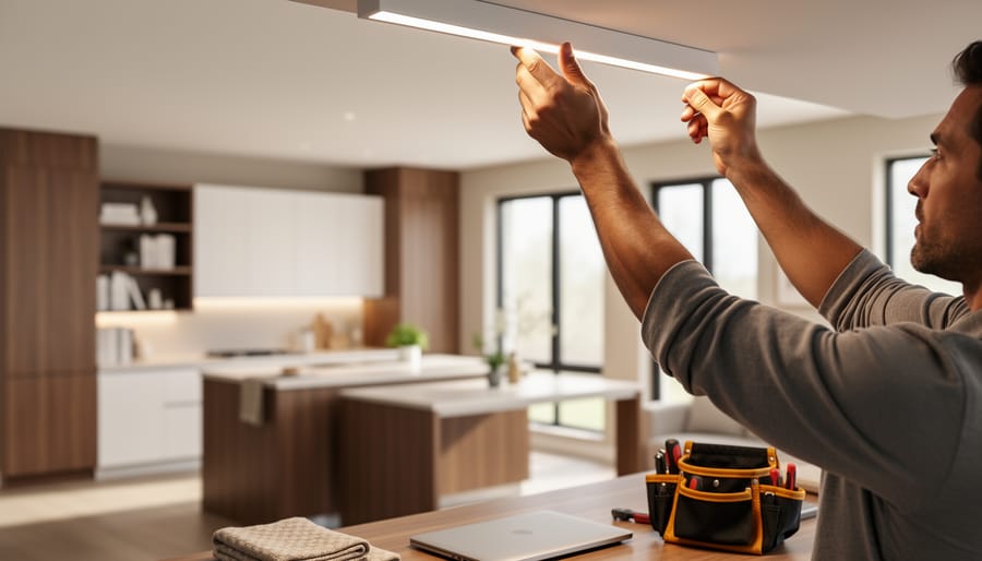 “Hand placing a modern LED light fixture in a clean, well-lit living room with kitchen cabinetry visible in the background.”