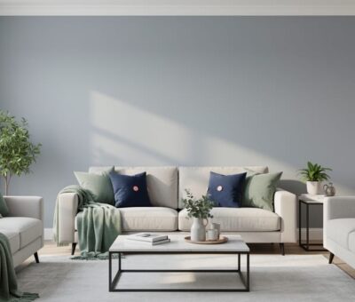 Sunlit modern living room featuring a soft gray accent wall with warm white trim, sage-green textiles, navy accents, and blush details.