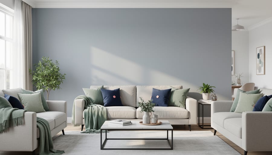 Sunlit modern living room featuring a soft gray accent wall with warm white trim, sage-green textiles, navy accents, and blush details.