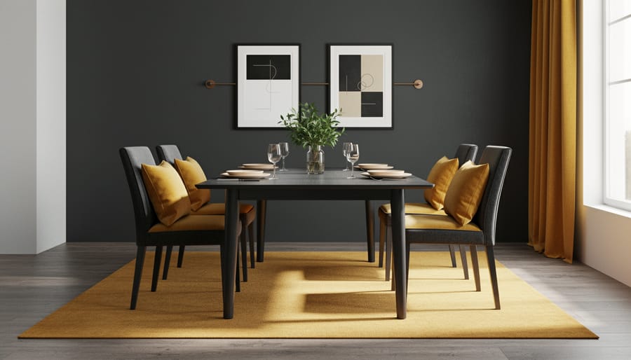 Dining room with charcoal gray walls and a mustard yellow accent element