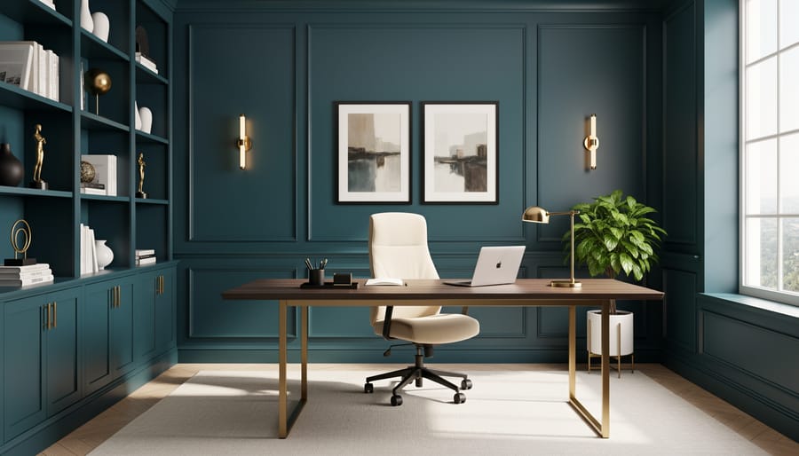 Home office with deep teal walls and gold accents behind a desk and lamp