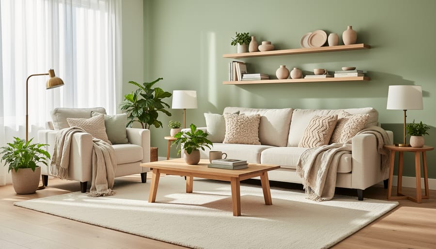 Bedroom with sage green walls and cream bedding beside a wooden nightstand