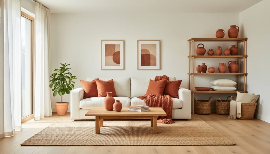 Living room with warm white walls and terracotta accent elements styled with natural wood furniture
