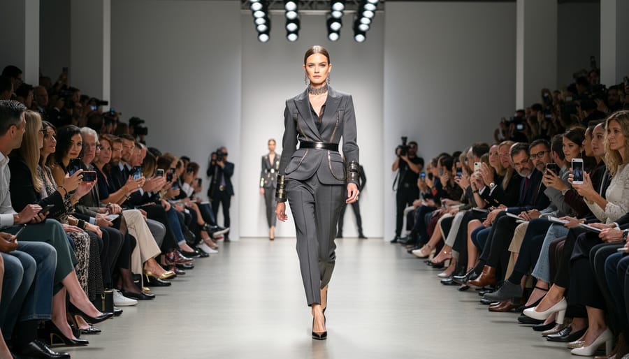 Models walking a fashion week runway with spotlight lighting and a blurred audience in the foreground
