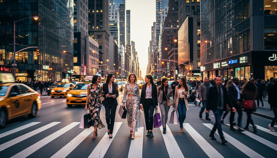 Wet New York street with reflections and blurred pedestrians outside a fashion venue