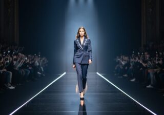 Model walking on a New York Fashion Week runway under soft stage spotlights, with blurred front-row audience and photographers in the theater background.