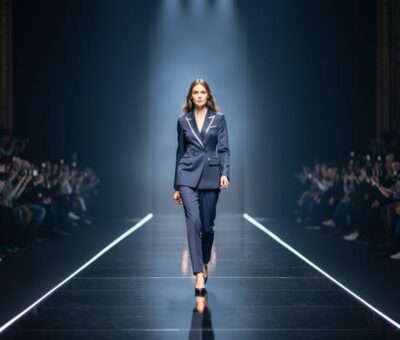 Model walking on a New York Fashion Week runway under soft stage spotlights, with blurred front-row audience and photographers in the theater background.