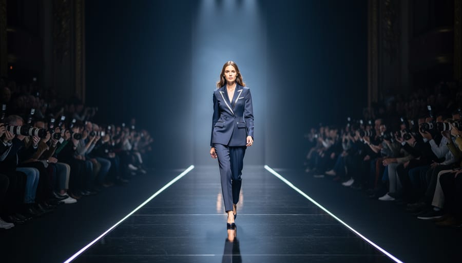 Model walking on a New York Fashion Week runway under soft stage spotlights, with blurred front-row audience and photographers in the theater background.