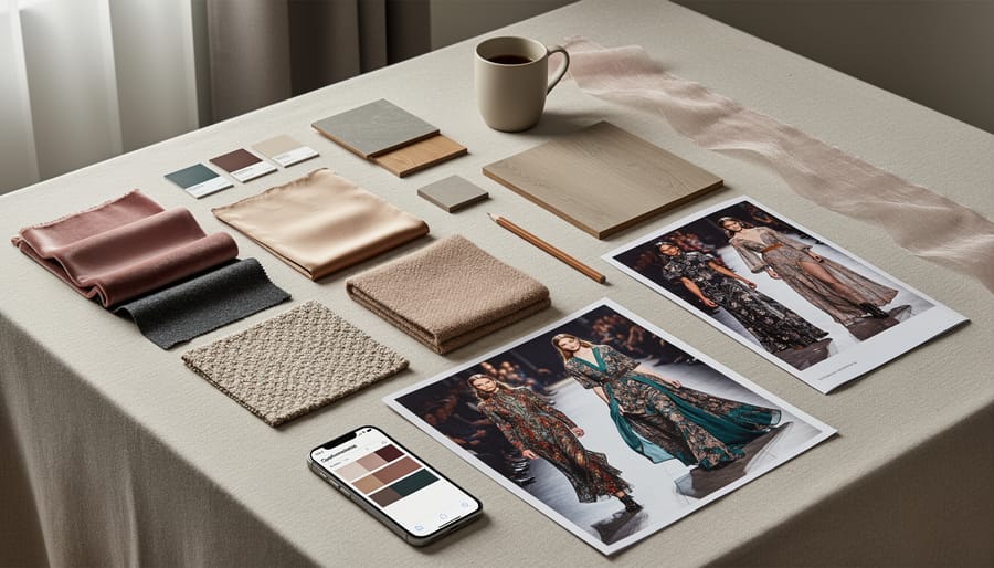 Textile swatches and interior decor pieces styled on a coffee table in warm, modern lighting