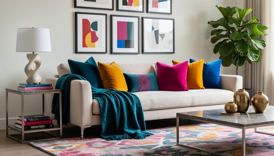 Modern living room with a bold cobalt accent wall, colorful textiles, and a patterned rug