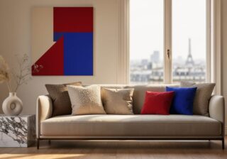 Fashion-inspired Paris-themed living room with textured throw pillows, a marble side table, and bold artwork under soft natural light.