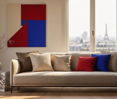 Fashion-inspired Paris-themed living room with textured throw pillows, a marble side table, and bold artwork under soft natural light.