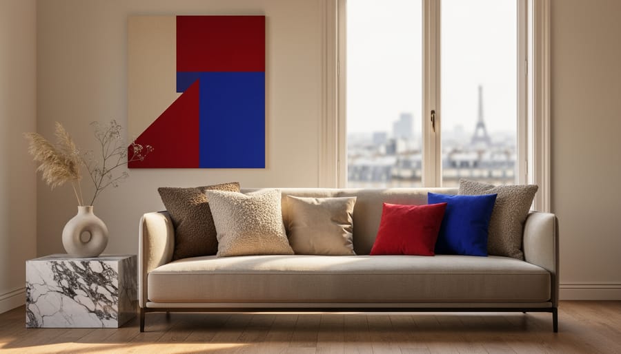Fashion-inspired Paris-themed living room with textured throw pillows, a marble side table, and bold artwork under soft natural light.